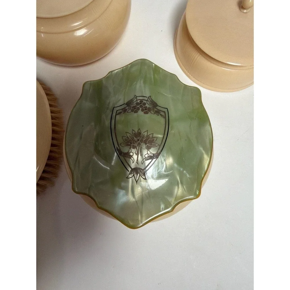 Vintage Art Deco Celluloid Vanity Set with Hair Receiver, Powder Jar, Trinket Bo